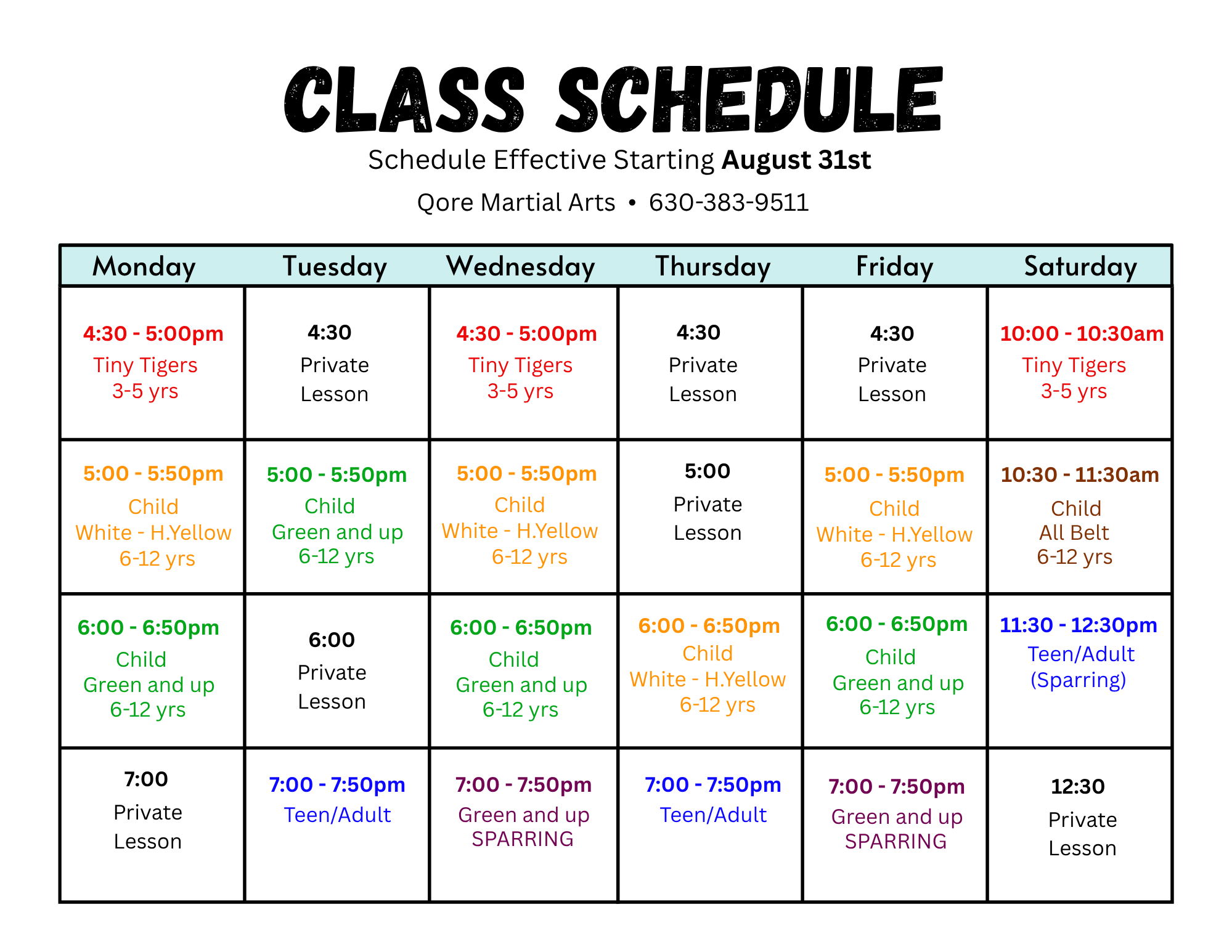 Class schedule poster for Qore Martial Arts starting August 31st, with class times for Tiny Tigers (3-5 years), Child (6-12 years), and Teen/Adult sparring.