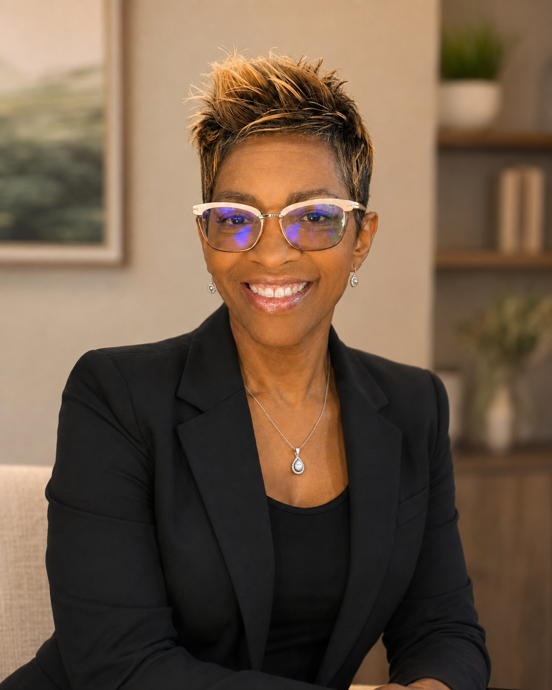 A smiling woman with short, styled hair, wearing glasses with blue-tinted lenses, a black blazer, and jewelry, sitting indoors in a professional setting.