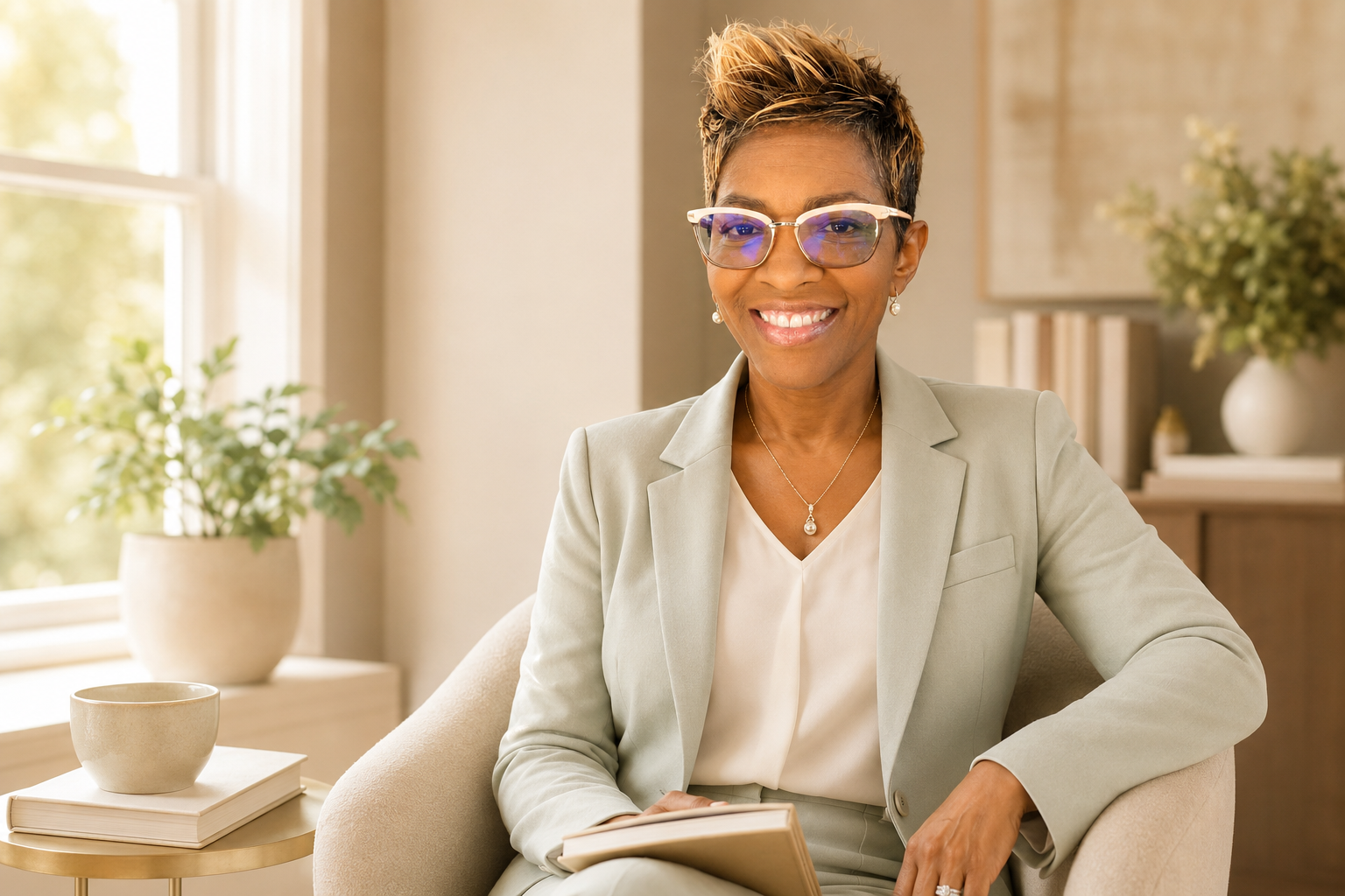 A woman with short hair and glasses sitting on a beige armchair, smiling and holding a book in a bright, cozy room with a window, a potted plant, a cup, and shelves with books in the background.