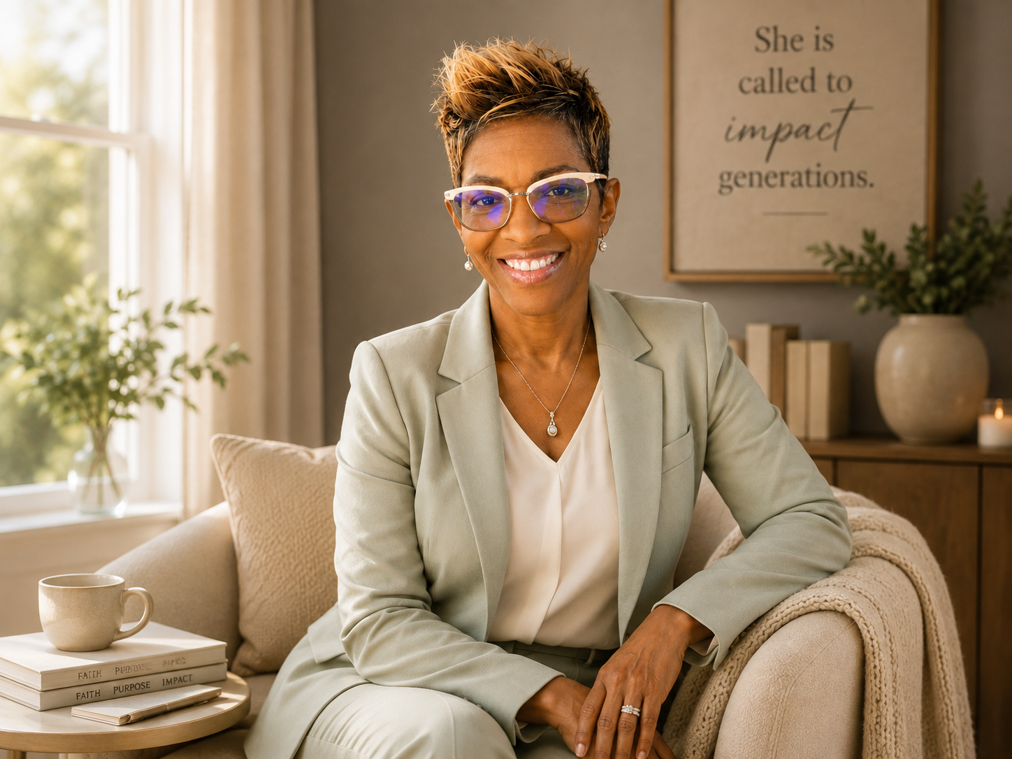 A smiling middle-aged African American woman wearing glasses and a light green suit sitting on a beige couch in a well-lit living room. Behind her, there is a decorative sign that says 'She is called to impact generations,' a potted plant, and a side table with books and a cup.