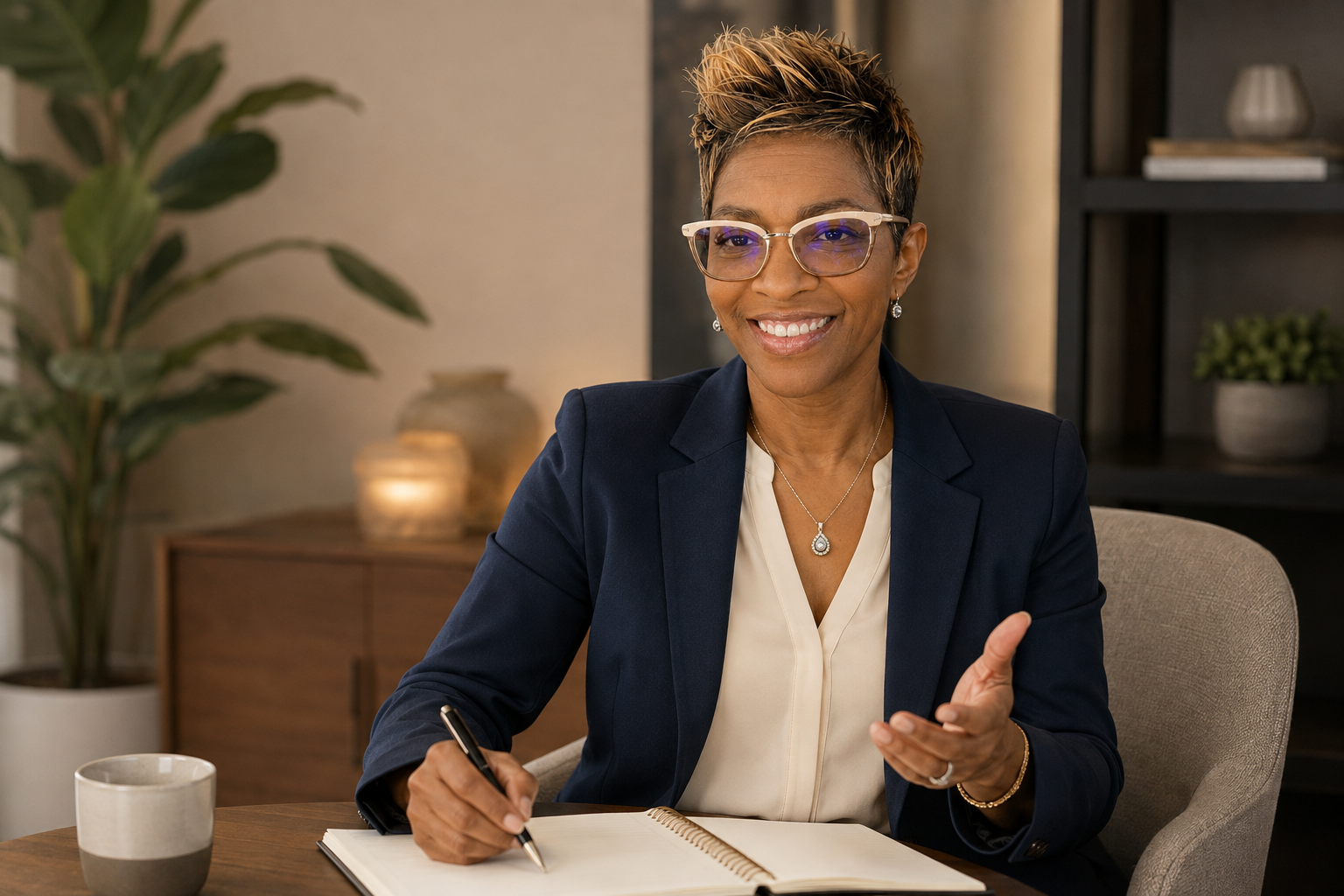 Businesswoman with short hair and glasses sitting at a desk, writing in a notebook, smiling, in an office setting.