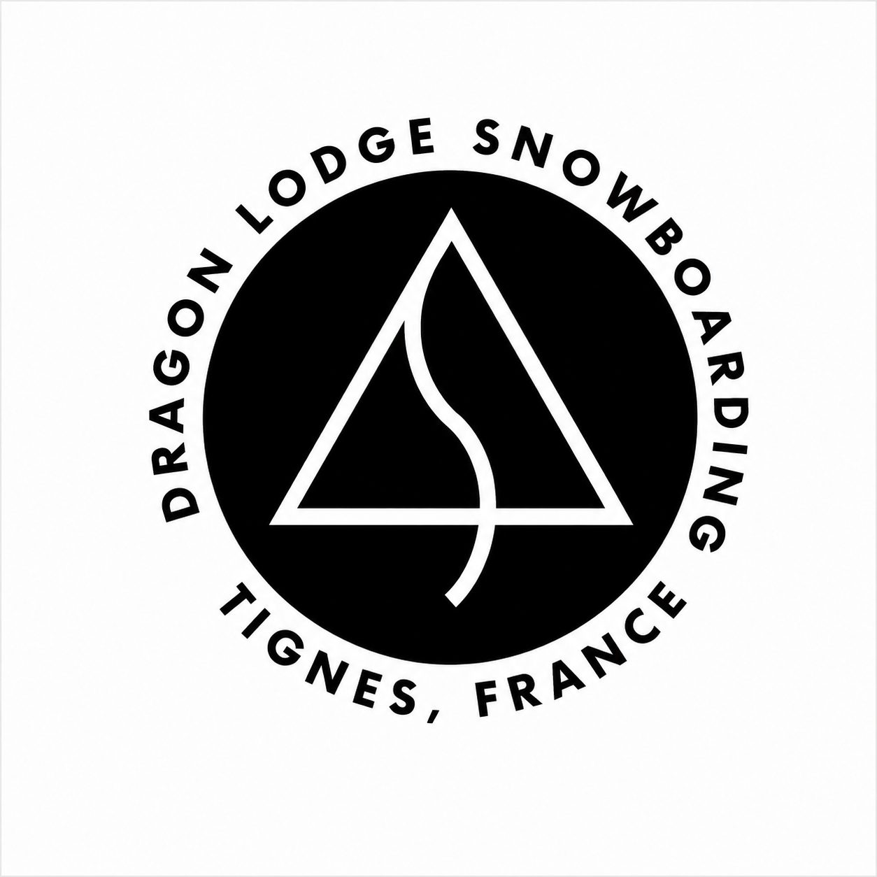 A black and white logo of a triangular shape with a water droplet inside, encircled by text that reads "DRAGON LODGE SNOWBOARDING TIGNES, FRANC.”
