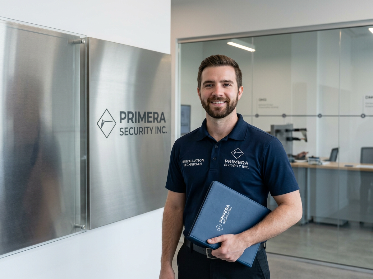 A smiling man in a navy polo shirt holding a blue folder, standing outside Primera Security Inc. office in a modern building.