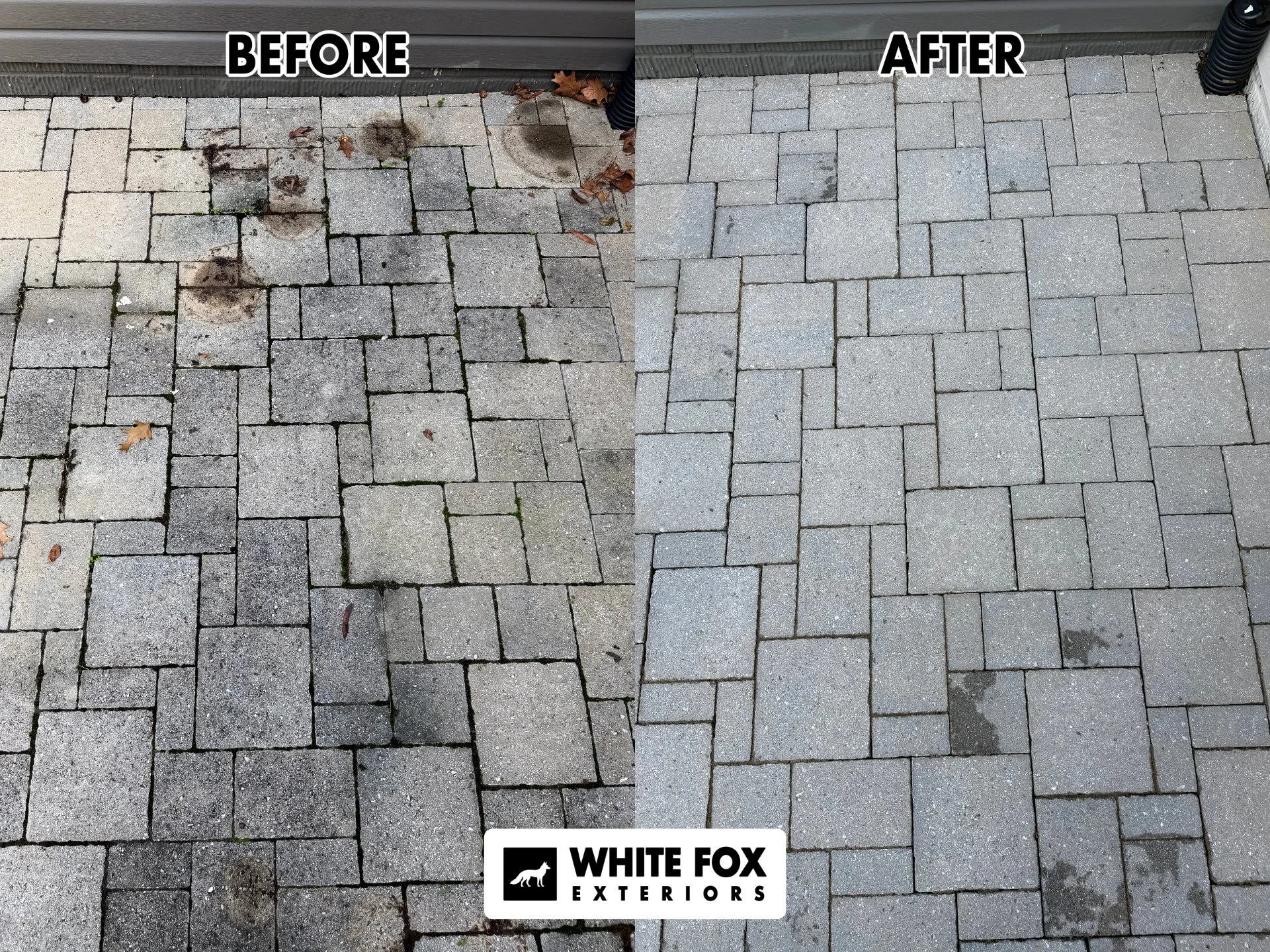 Side by side comparison of a paved patio, showing before and after cleaning. The left side has dirty, stained bricks with leaves and moss, while the right side has clean, light gray bricks.