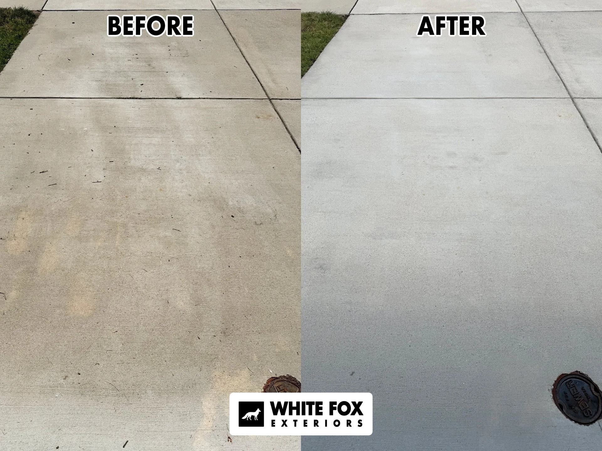 Comparison of concrete driveway before and after washing. The "before" side shows stained, dirty concrete with debris, while the "after" side shows clean, light-colored concrete.