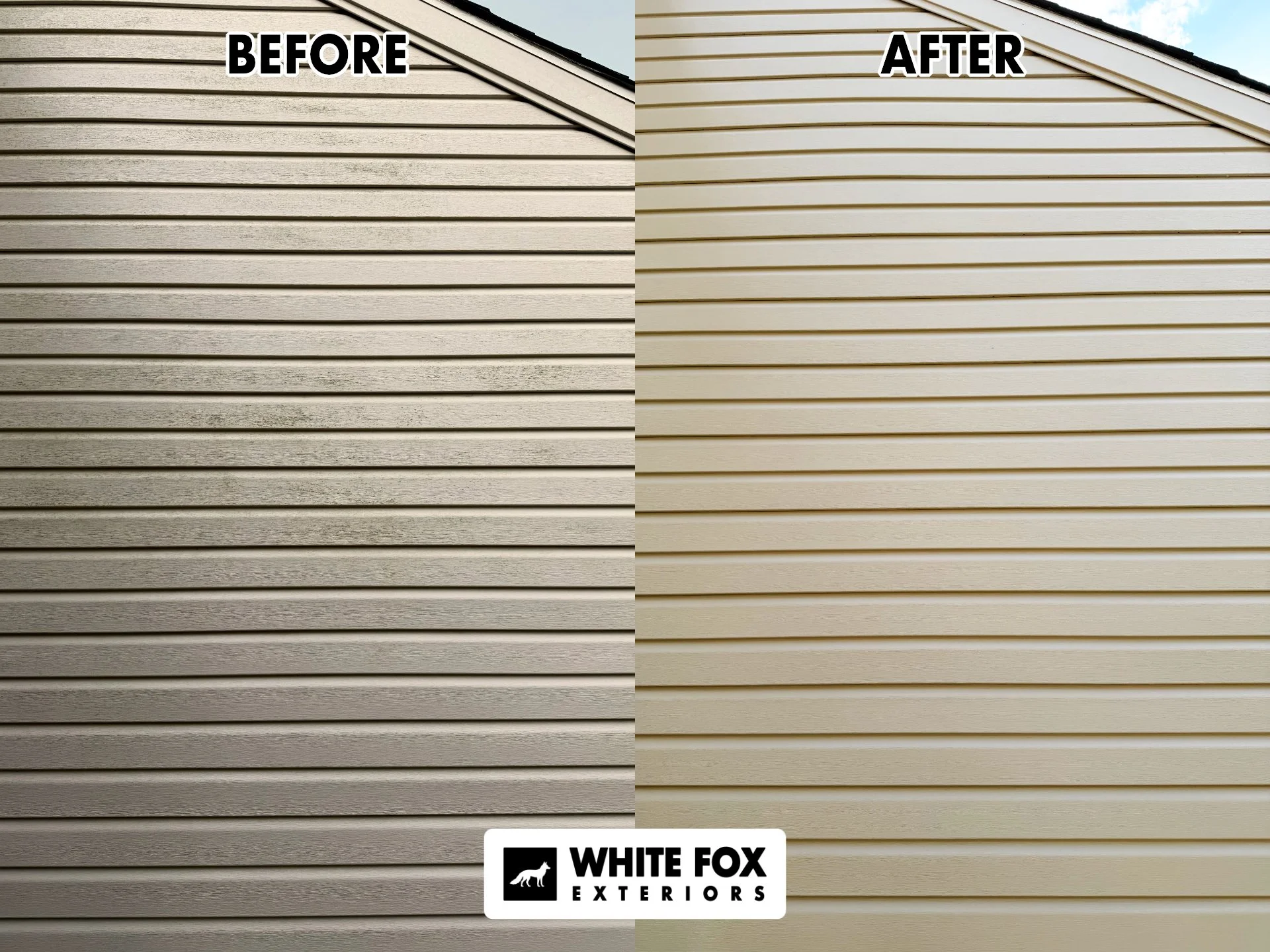 Side-by-side comparison of house vinyl siding before and after cleaning, showing dirtier siding on the left with the label 'Before', and cleaner and brighter siding on the right with the label 'After'.