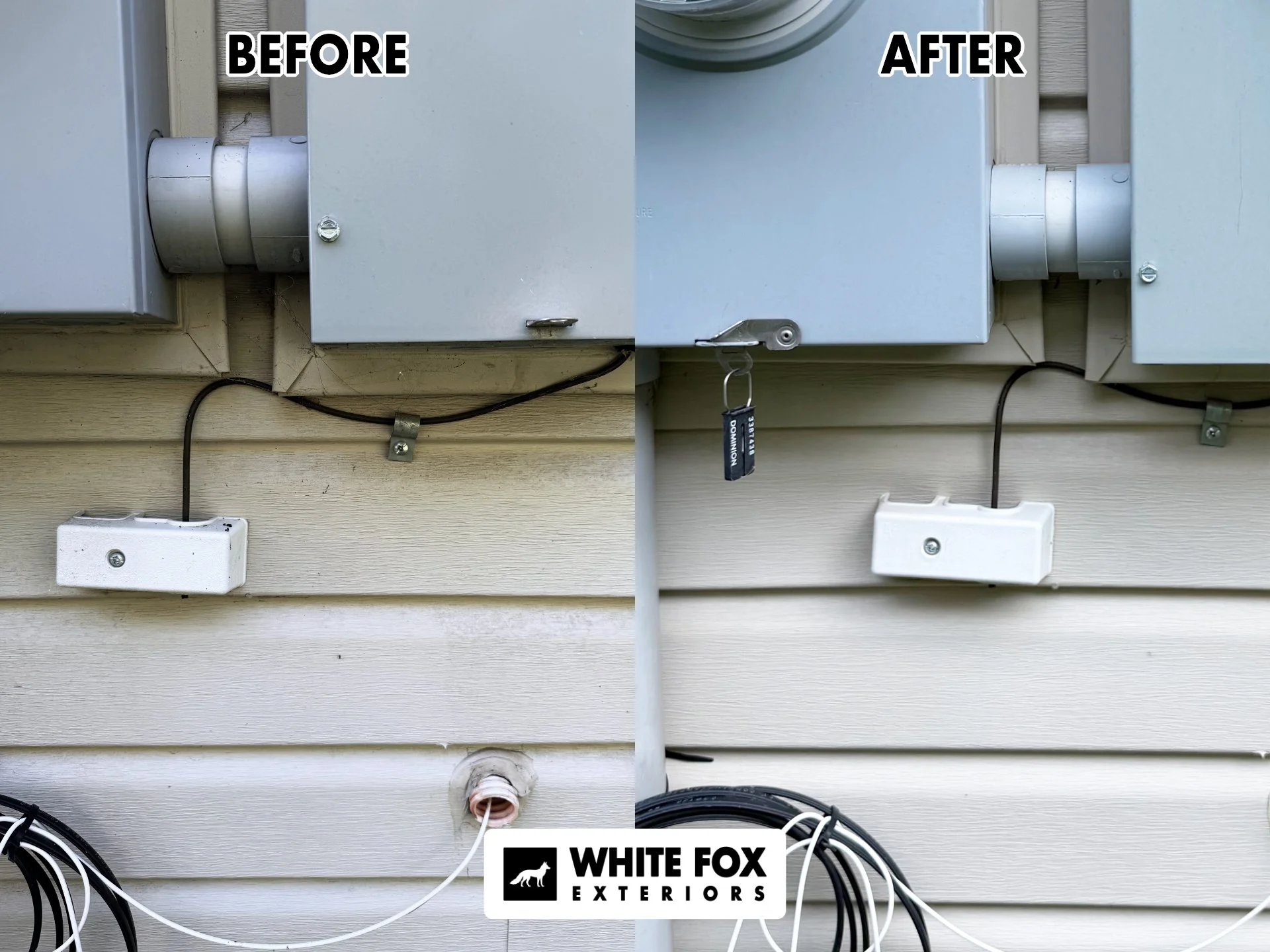 Side-by-side comparison of electrical and cable wiring on the exterior of a house before and after cleaning. The 'before' shows dirt and spider webs around the wires and connections, while the 'after' shows clean with no dirt or clutter.