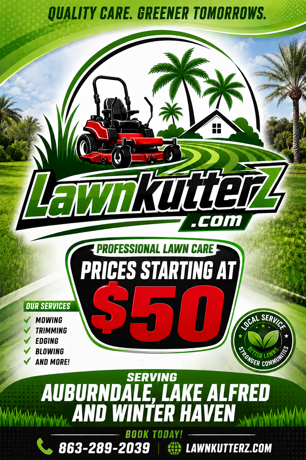 Lawn care advertisement with a background of a grassy landscape and palm trees, featuring a red riding lawn mower, a house, and green decorative text about landscaping services, prices starting at $50, and contact information.