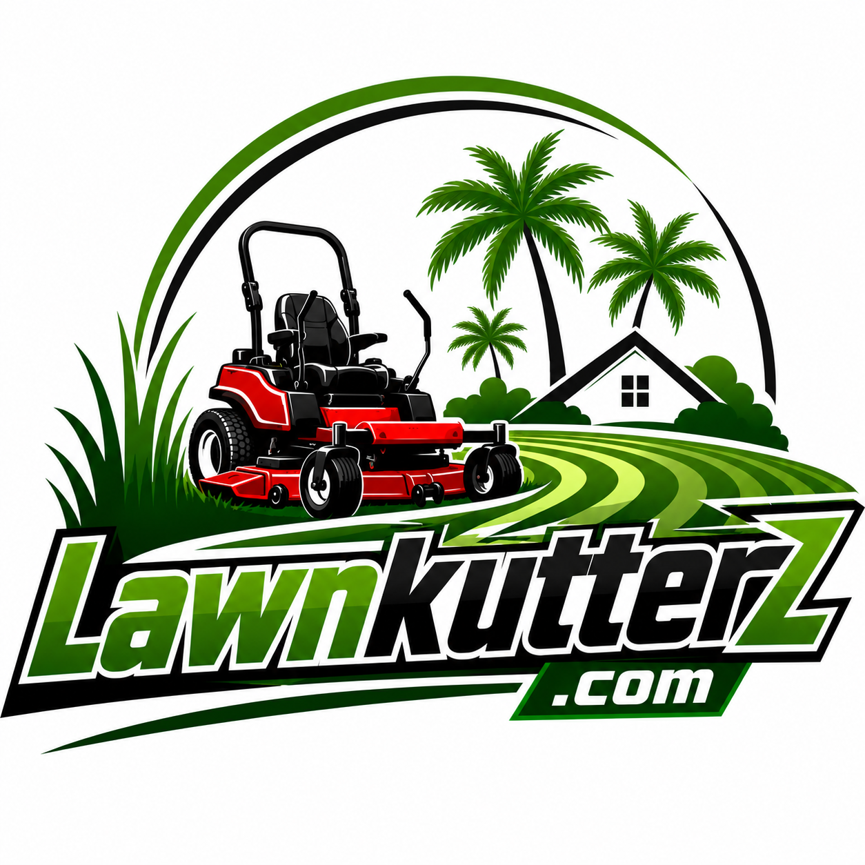 Logo for LawnKutter.com featuring a red riding lawn mower, palm trees, a house, and green fields with the site name in bold black and green letters.