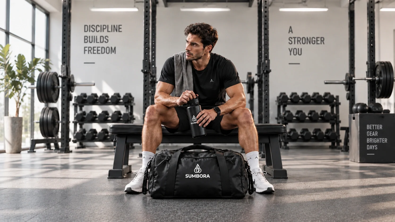 A man sitting on a workout bench in a gym, holding a water bottle and a towel over his shoulder, surrounded by gym equipment and motivational quotes on the wall.
