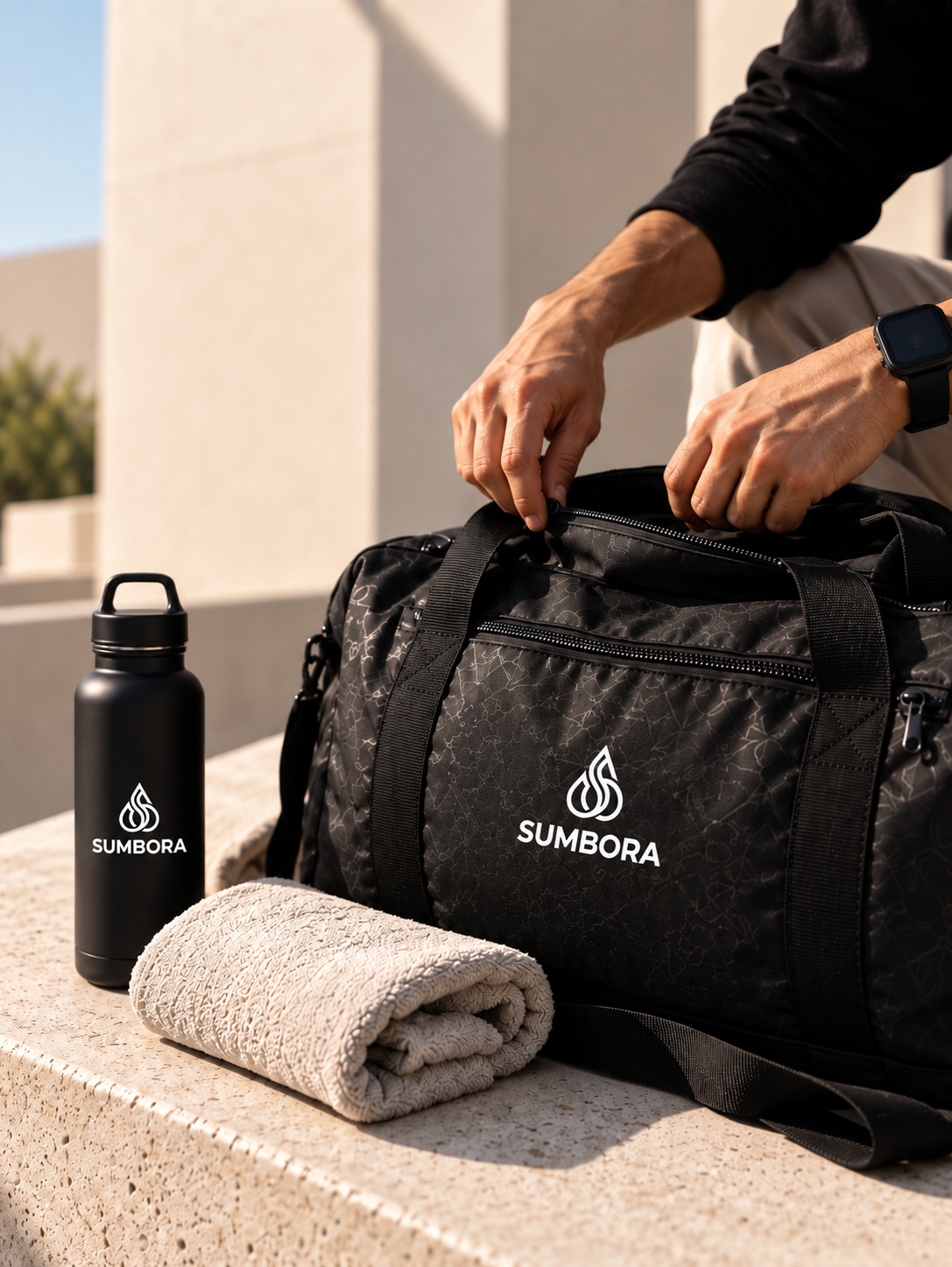 Person opening a black gym bag with the logo SUMBORA, with a matching water bottle, a rolled towel, and a smart watch on their wrist, set on a beige stone surface outdoors.