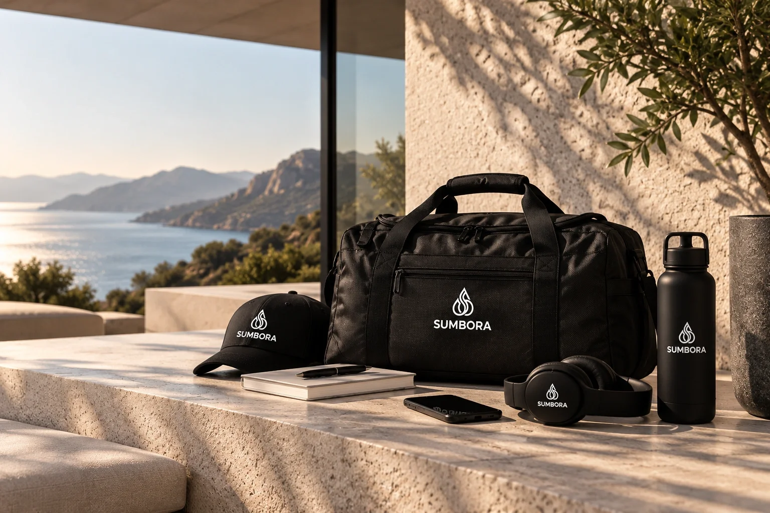 Black branded Sumbora gym bag with accessories including a cap, water bottle, headphones, phone, and notebook on an outdoor stone surface with scenic mountain and water view