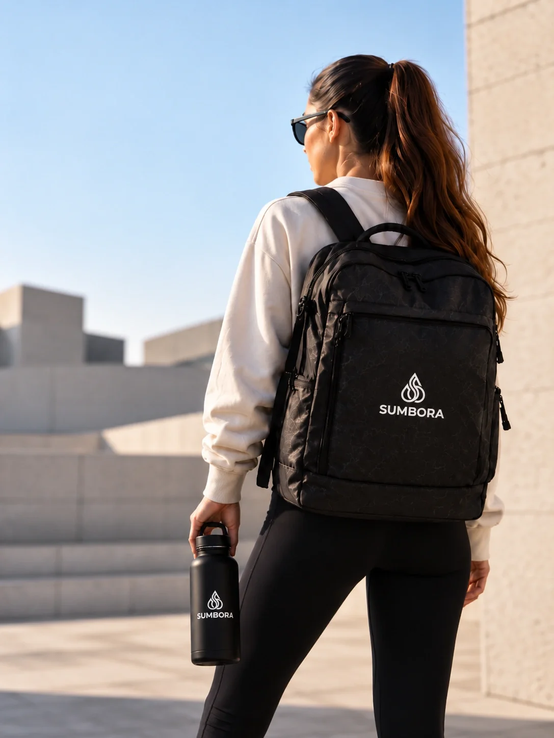 A woman with long brown hair in a ponytail, wearing sunglasses, a white sweatshirt, black leggings, holding a black water bottle, and wearing a black backpack with the Sumbora logo, standing outdoors with a modern building in the background.