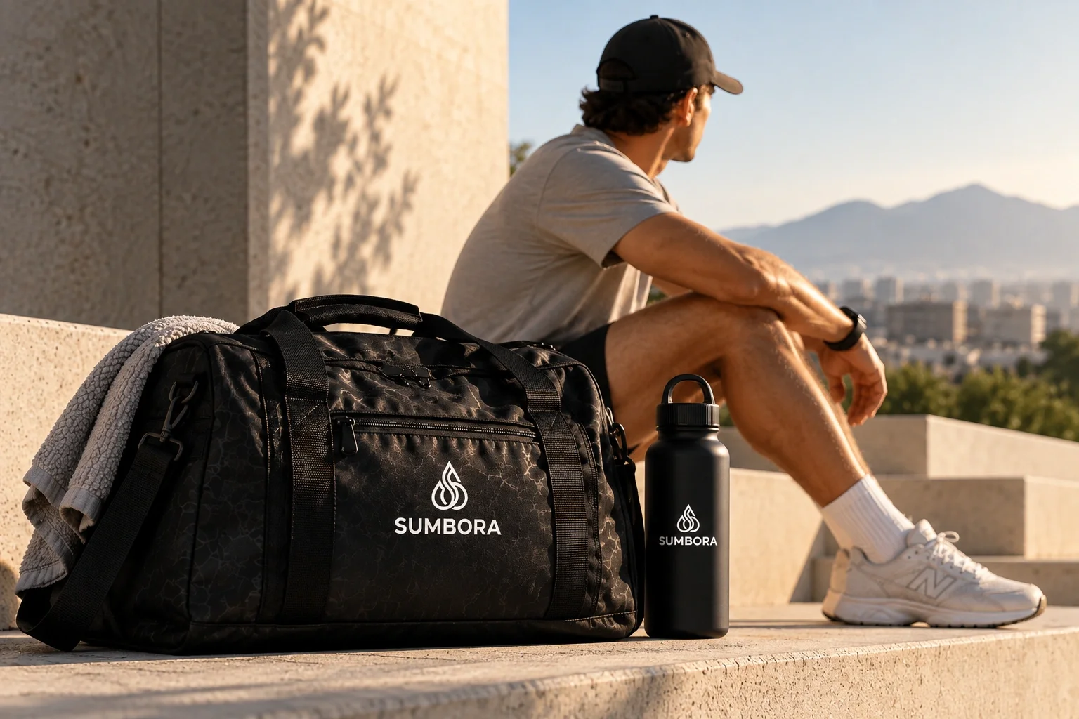 A man sitting on outdoor steps with a black gym bag, water bottle, and towel nearby, overlooking a cityscape with mountains in the background.