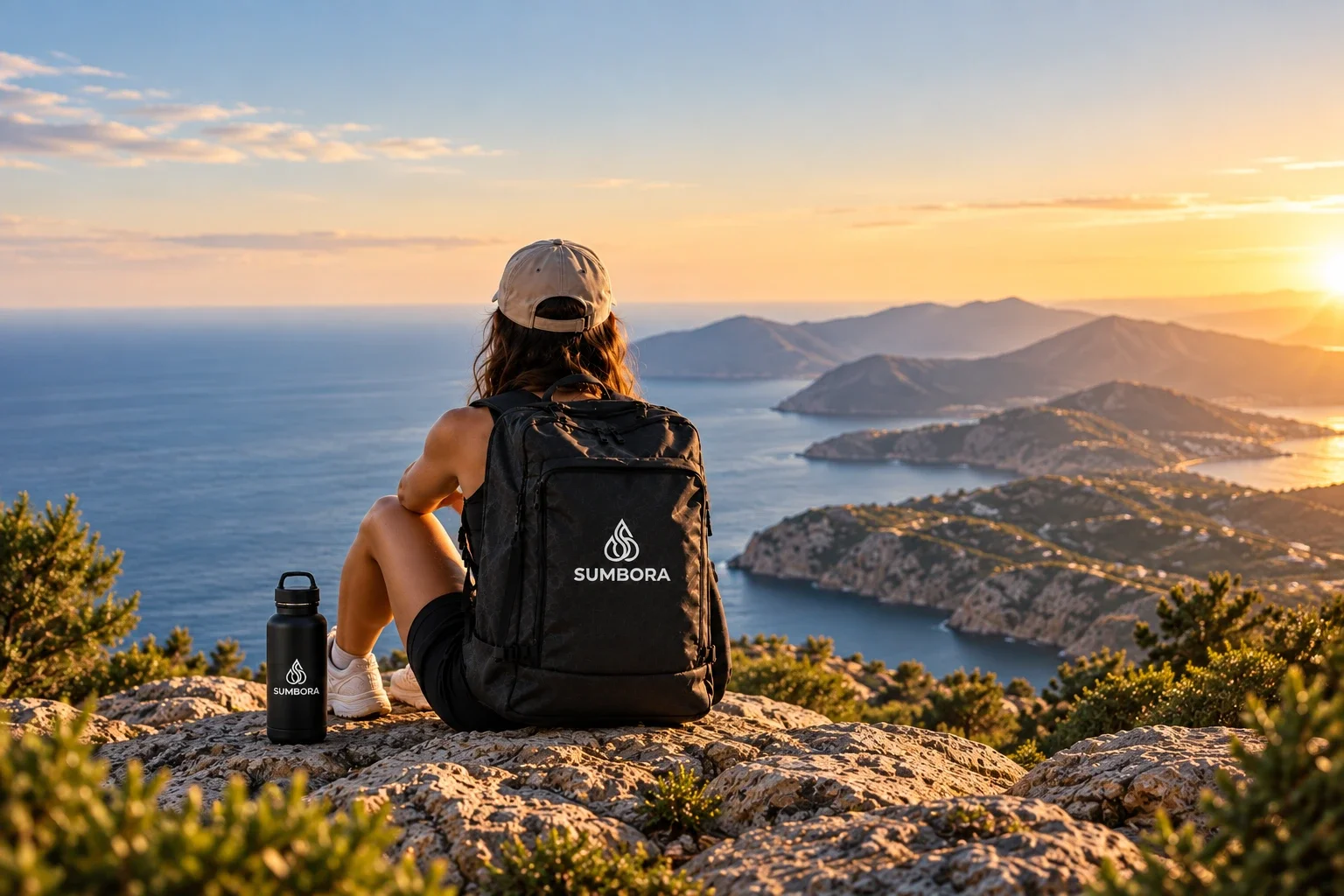A woman with a backpack and a water bottle, sitting on a rocky hilltop, overlooking a scenic coastal landscape at sunset.