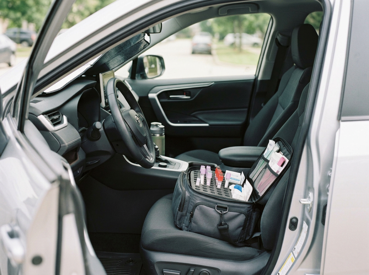 Inside a car, the front passenger seat holds a black medical bag with medicine vials, syringes, and healthcare supplies, indicating it is set up for medical or health-related activities.