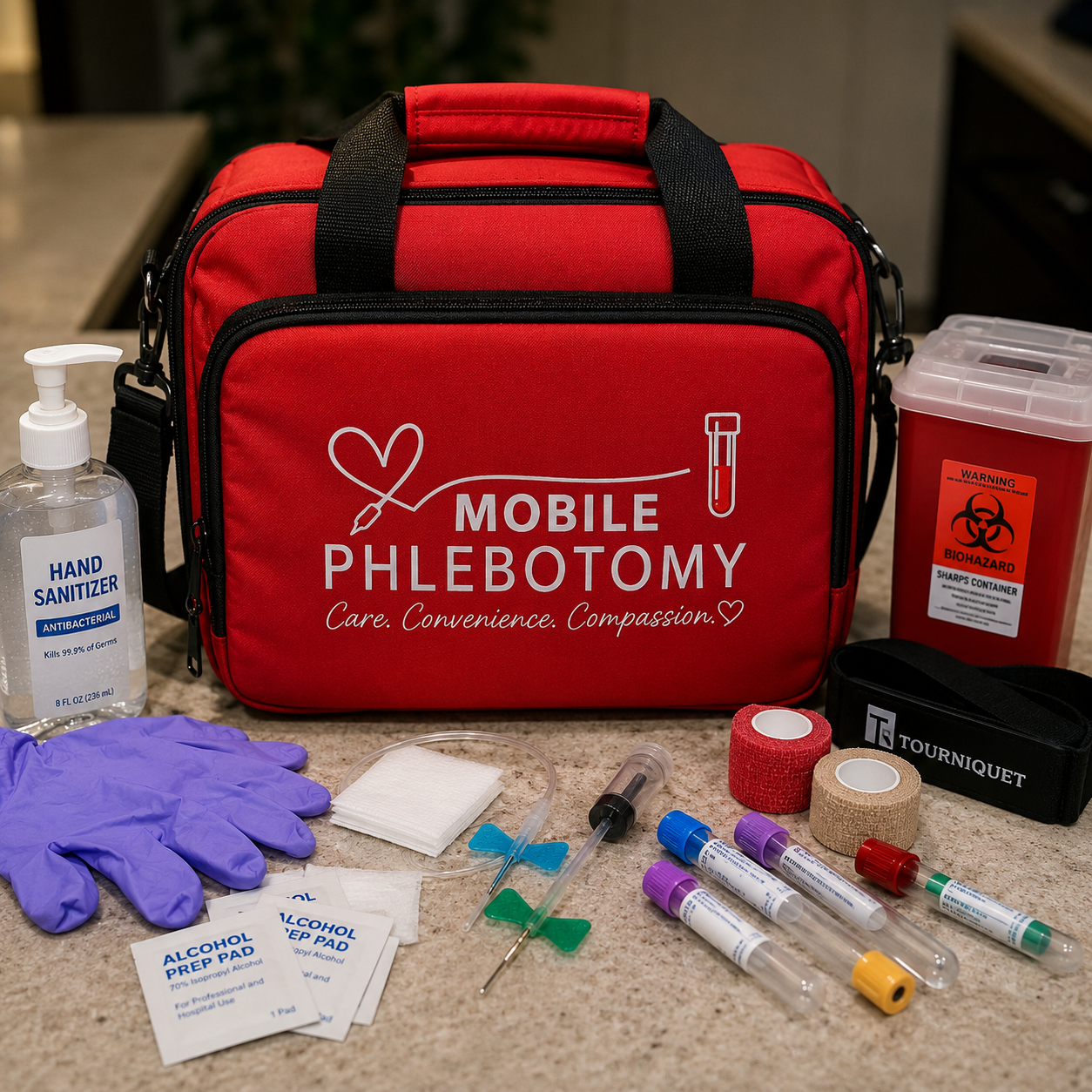 Medical kit labeled 'Mobile Phlebotomy' with supplies including hand sanitizer, biohazard sharps container, purple gloves, alcohol prep pads, syringes with colorful caps, test tubes, bandages, and adhesive tapes placed on a countertop.