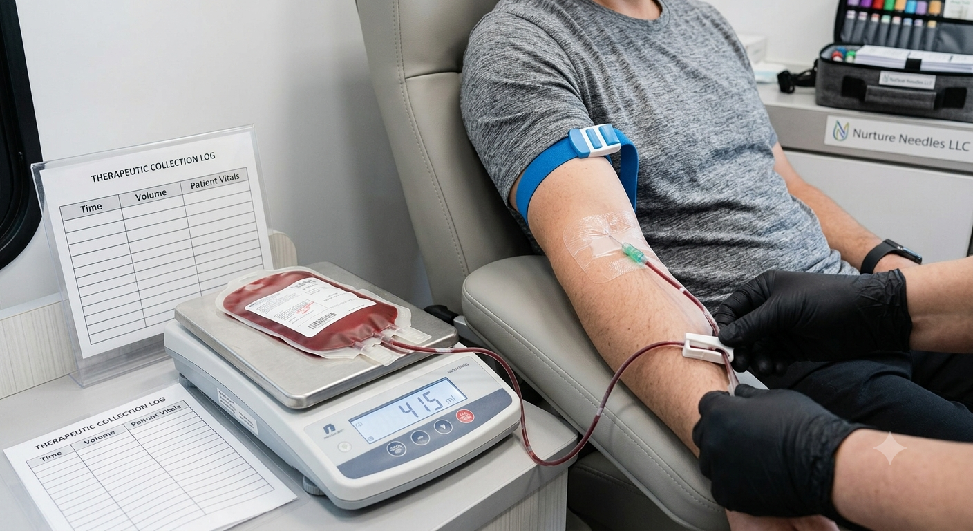 A person undergoing a blood donation, with an IV in their arm connected to a blood bag and scale tracking 41.5 milliliters of blood. A healthcare worker's gloved hands are adjusting the IV. The setting appears to be a medical facility.