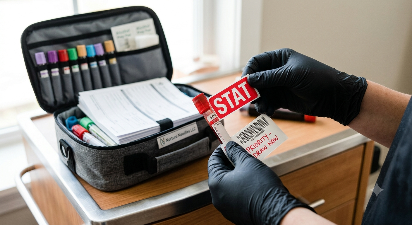 Close-up of a healthcare worker's hands wearing black gloves, holding a red and white specimen container labeled 'STAT' and 'PRIORITY DRAW NOW' in a medical setting. Open grey medical supply case with test tubes, paperwork, and supplies on a wooden table nearby.