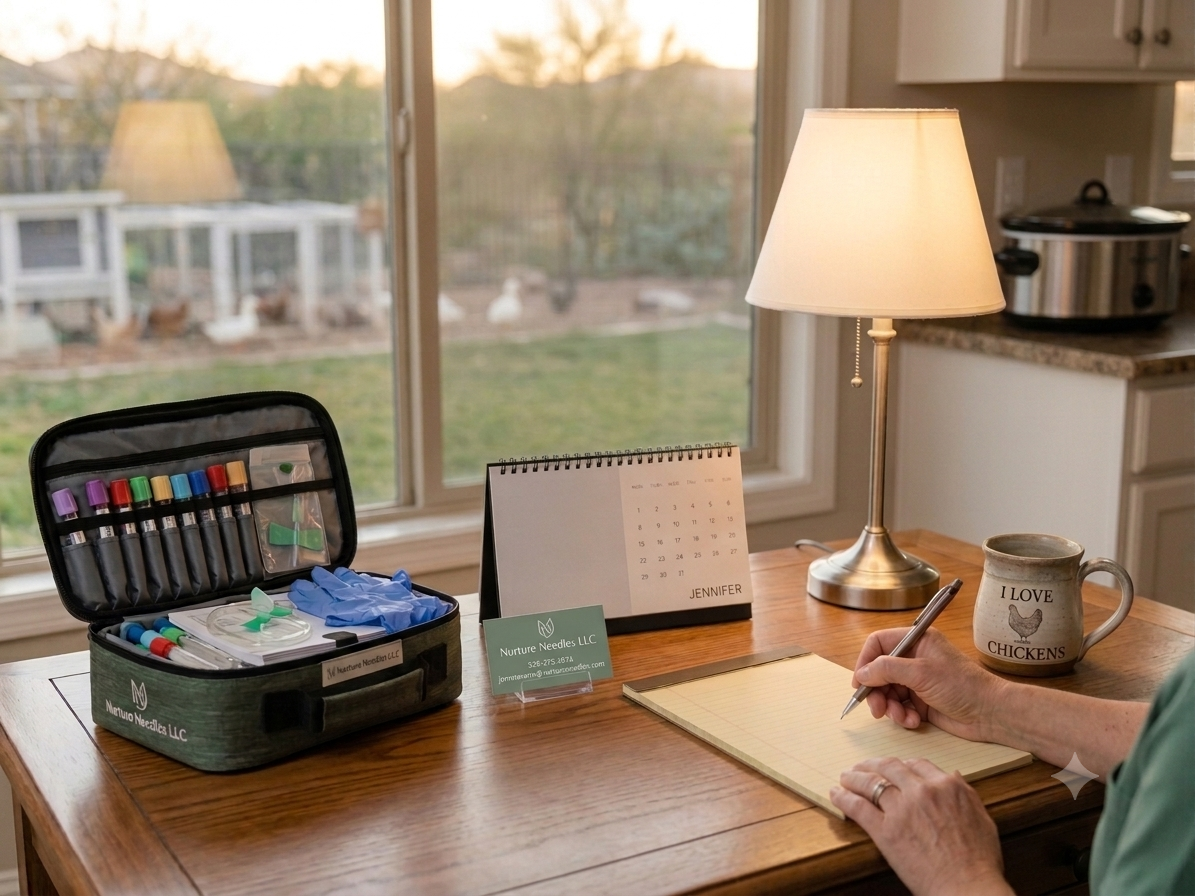 A person's hand writes in a yellow notepad at a wooden table during daylight. On the table, there is a desk lamp, a mug that says 'I love chickens,' a calendar, a business card from Nurture Needles LLC, and a case of medical supplies including markers, gloves, and other items. Outside the window, a backyard with a chicken coop or run is visible.