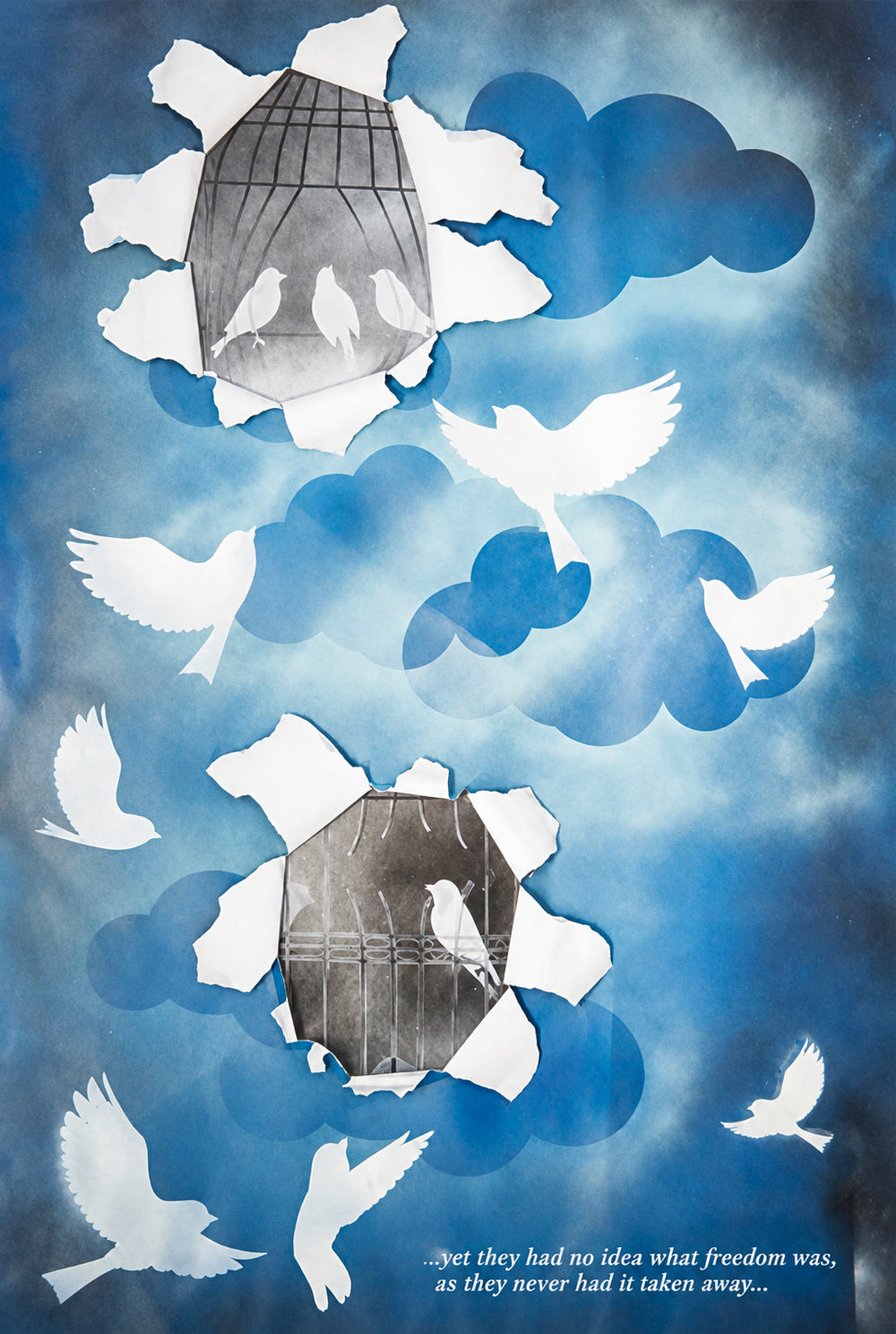 Freedom birds and opened cage immigrant story poster