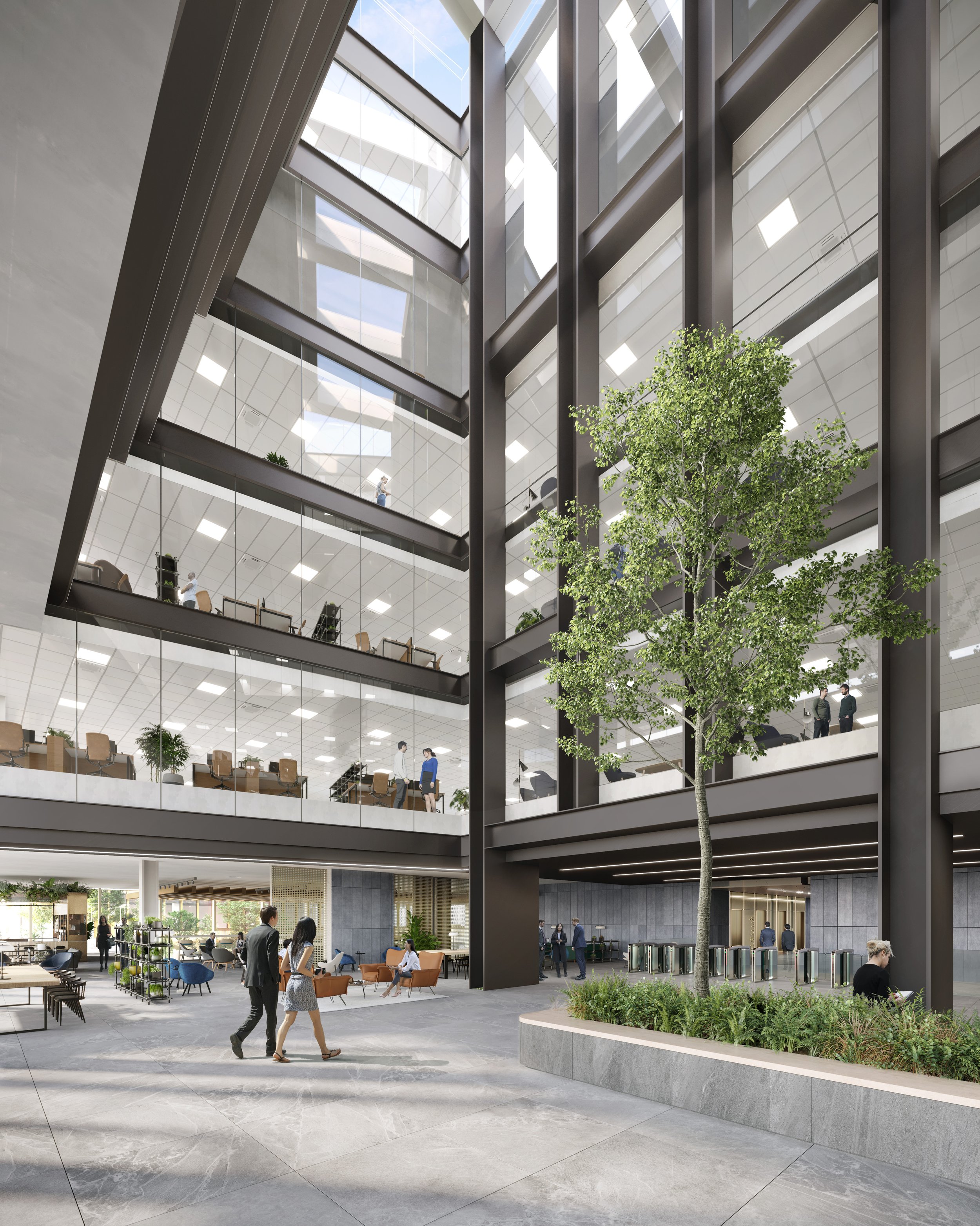Interior view of a modern multi-story office building with a large atrium, people walking and sitting, indoor plants, and large glass windows letting in natural light.