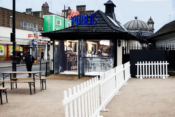 Joe Public pizza bistro signage on Clapham Common by Barnes Design