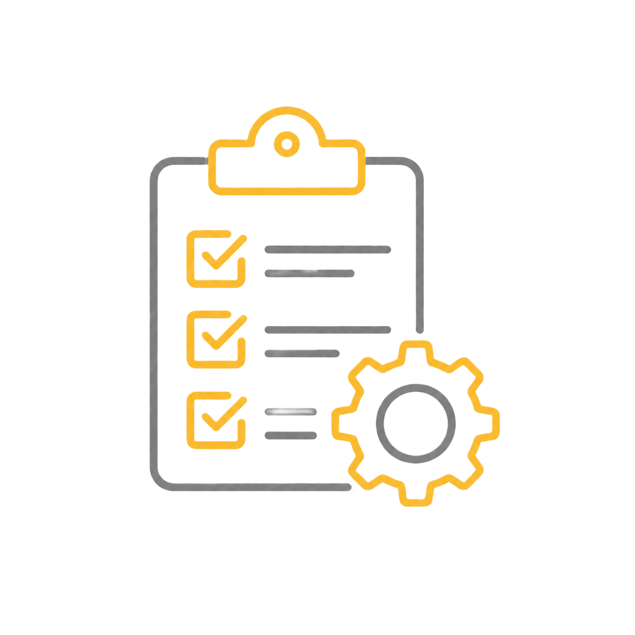 A graphic of a clipboard with checkmarks and a gear symbol, representing task management and settings.