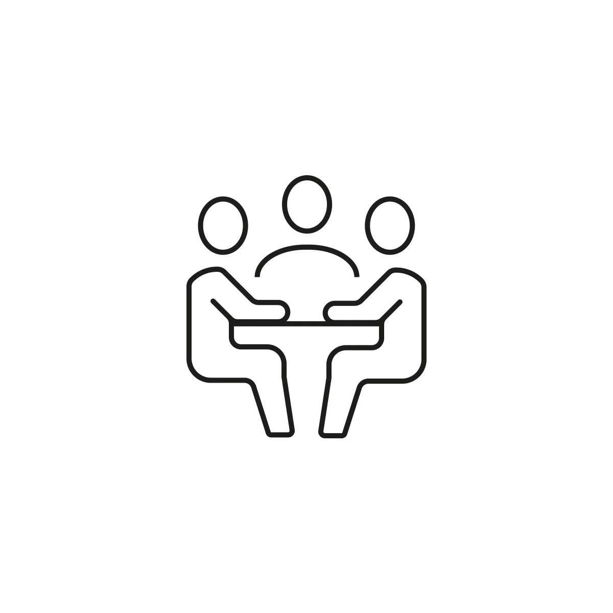 Line drawing of three people sitting at a table and having a discussion.