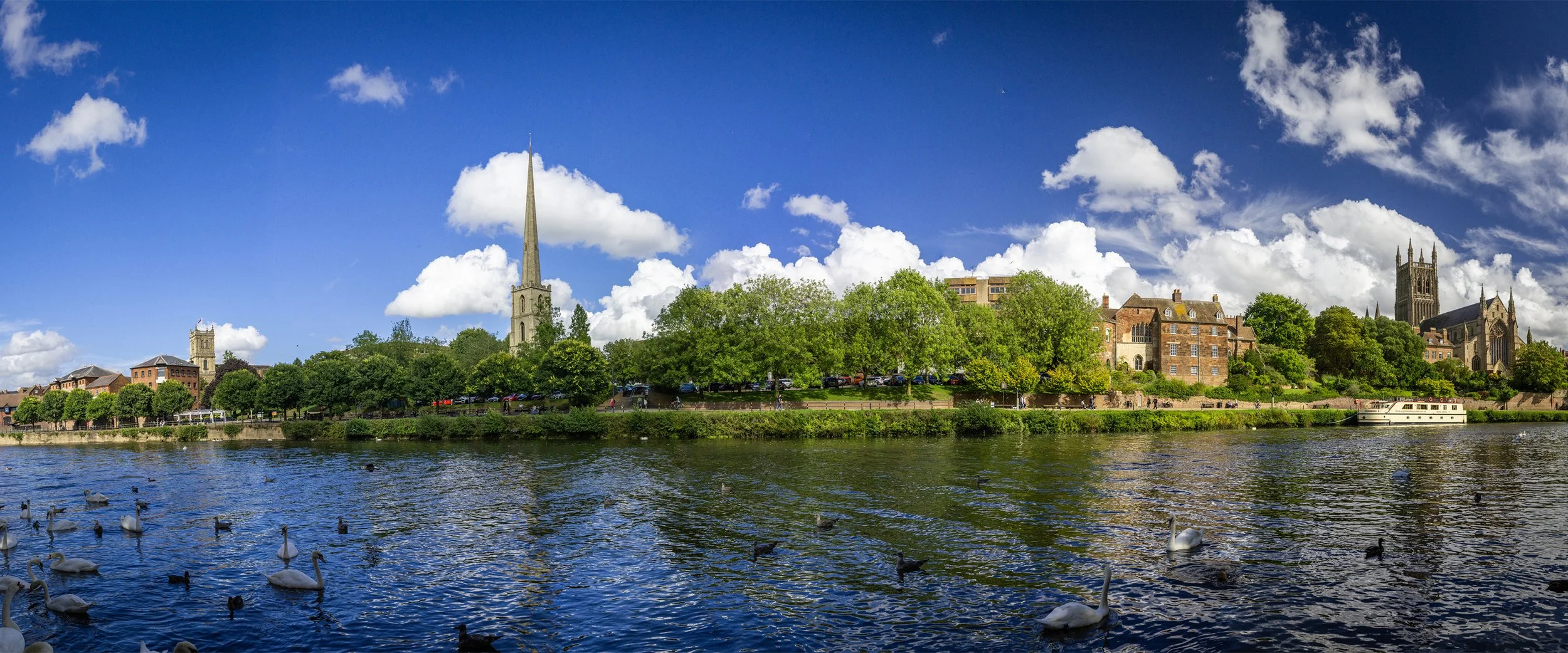 A scenic view of a river with a city skyline in the background, featuring a prominent church with a tall spire and various other historic buildings, lush green trees lining the riverbank, and ducks swimming in the water under a partly cloudy sky.