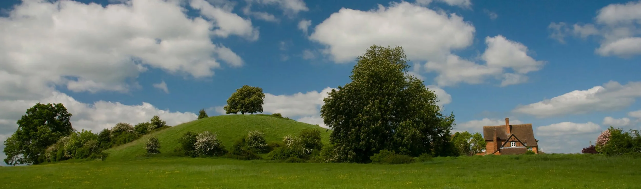 A green grassy hill with trees, a house, and a blue sky with scattered clouds.