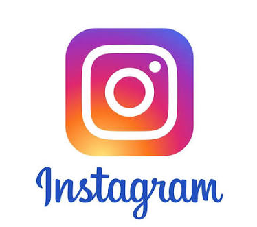 Instagram logo with a colorful gradient icon and the word 'Instagram' written below in blue script.