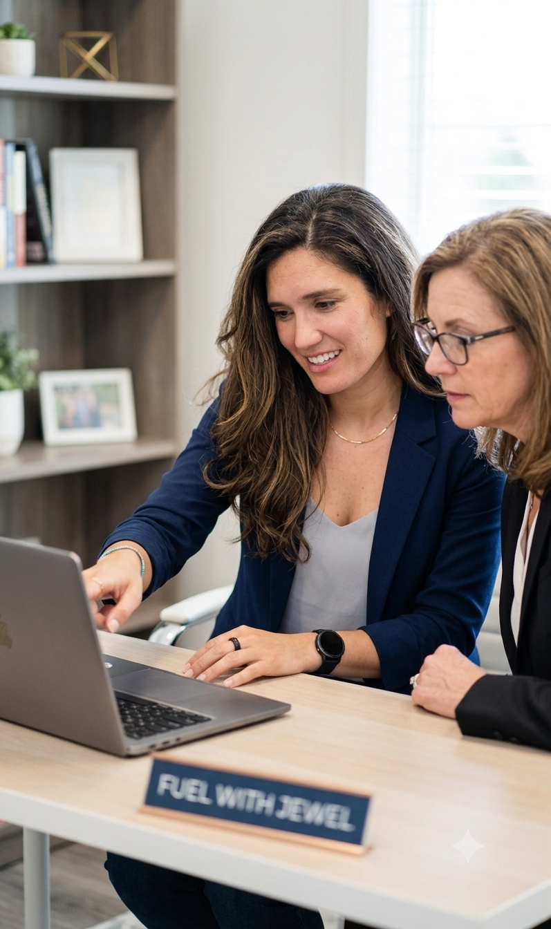 Two women looking at a laptop screen in an office, with a sign reading "FUEL WITH JEM" on the table.