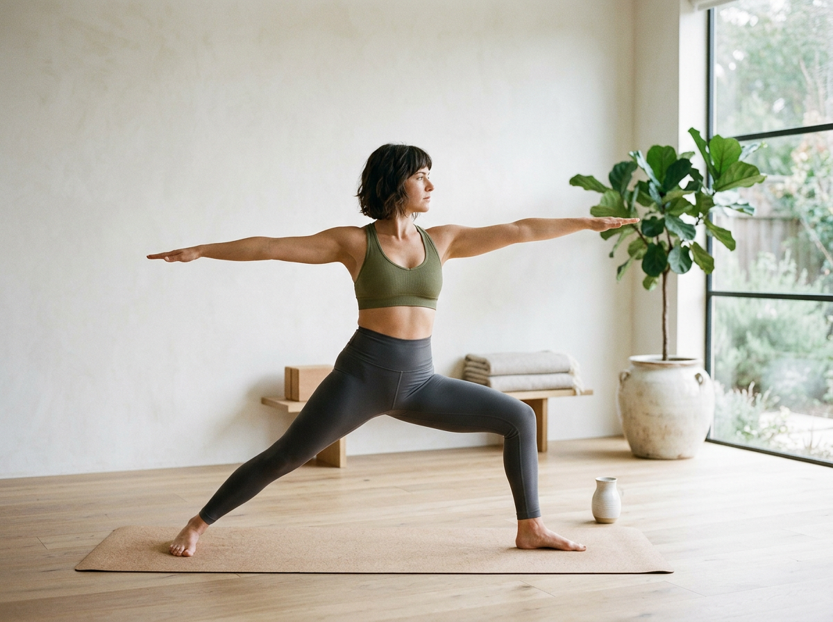 Woman practicing yoga in a studio, standing in warrior pose, wearing a green sports bra and black leggings, with a large potted plant and view of outdoors through a window in the background.