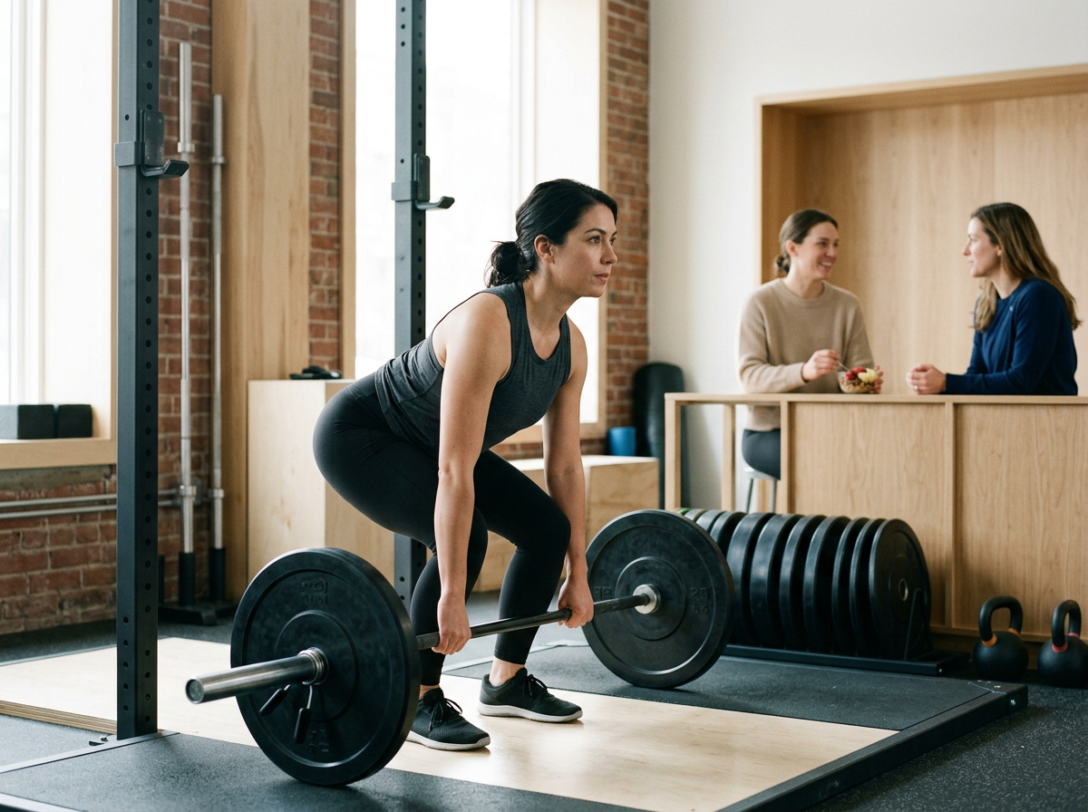 A woman lifting a barbell in a gym with two women talking at a bar counter in the background.