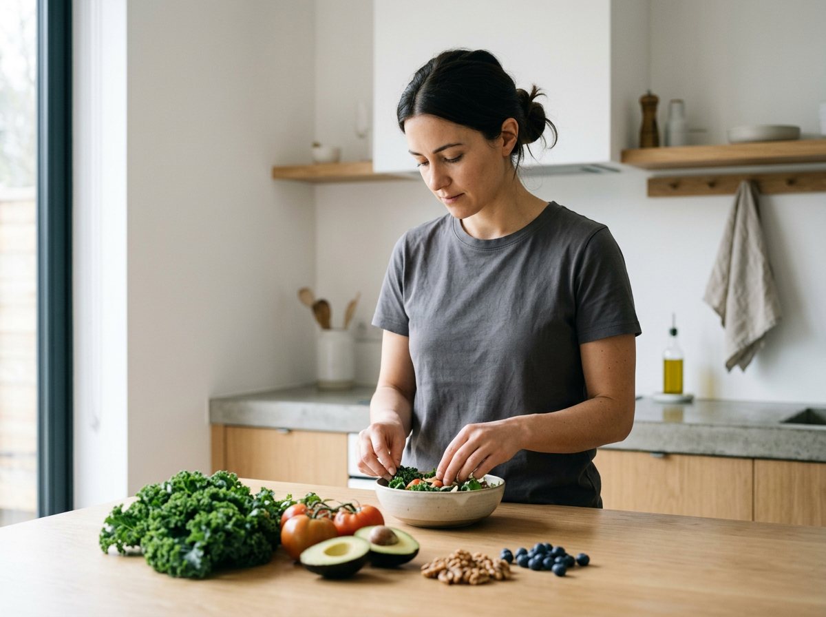 Woman preparing a salad in a modern kitchen with fresh vegetables on the counter.