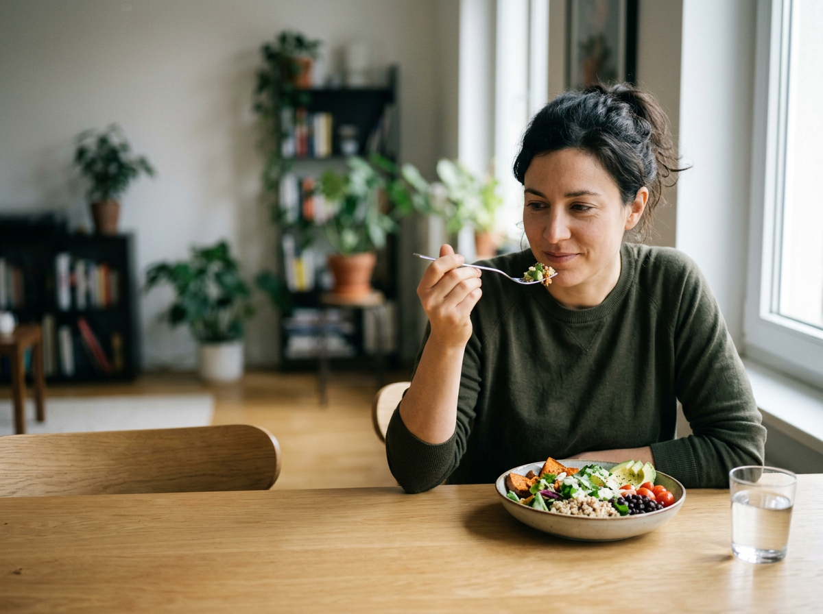 A woman sitting at a dining table enjoying a salad, with a glass of water nearby, in a well-lit room with plants and books in the background.