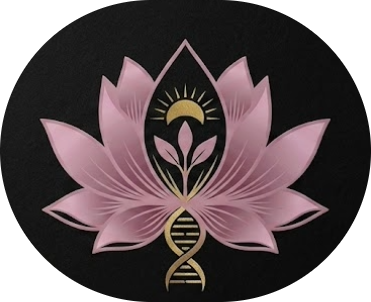 Design of a pink lotus flower with spiritual symbols, including a moon, sun rays, and a DNA helix, on a black background.