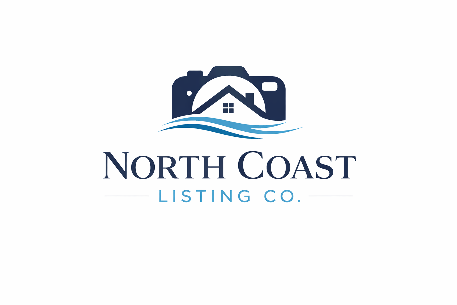 Logo for North Coast Listing Co. featuring a camera with a house inside it, waves below, and the company name underneath.