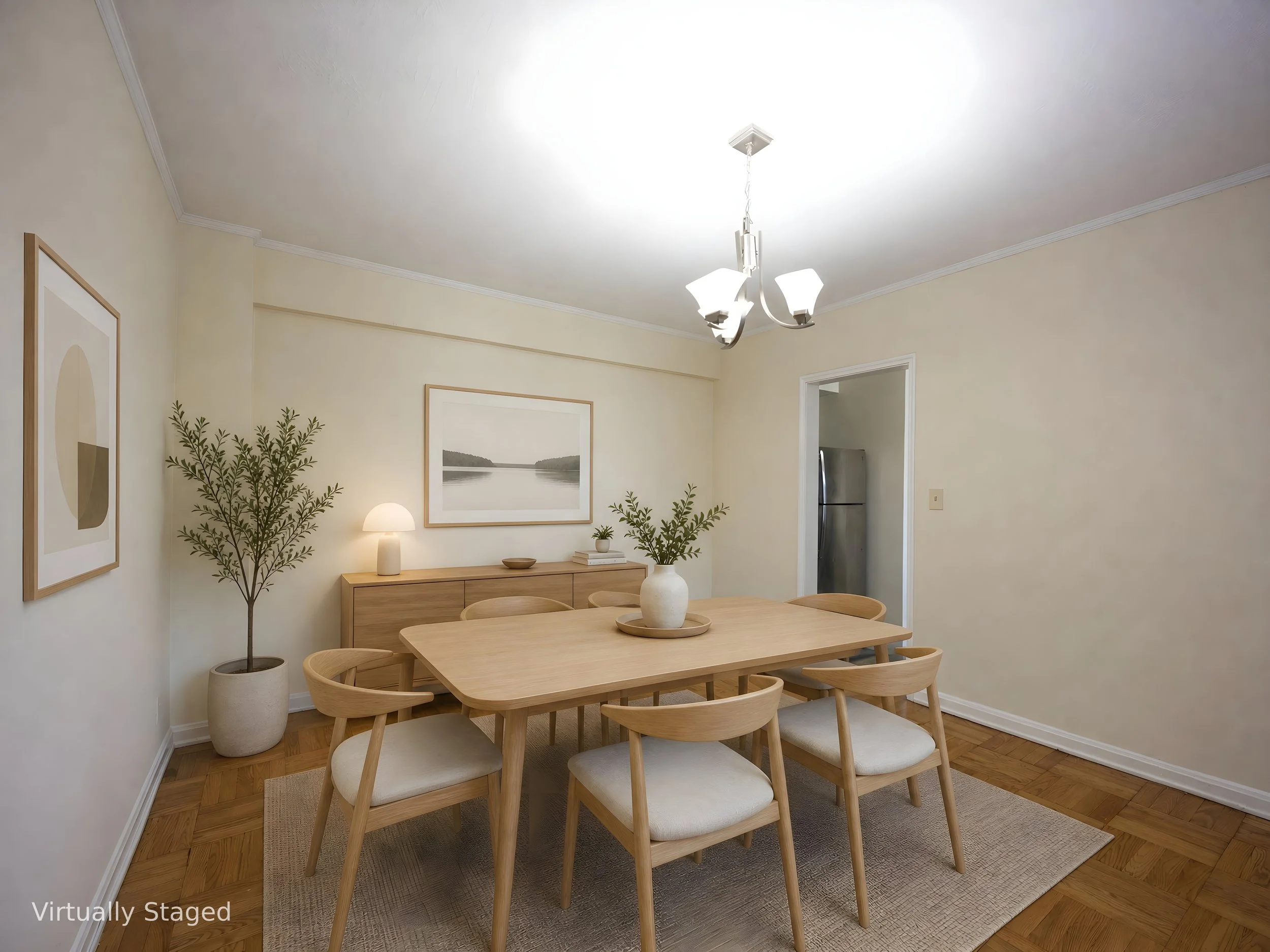 Dining room with wooden table and chairs, beige walls, open door to kitchen, framed art on wall, potted plant, and modern chandelier lighting.