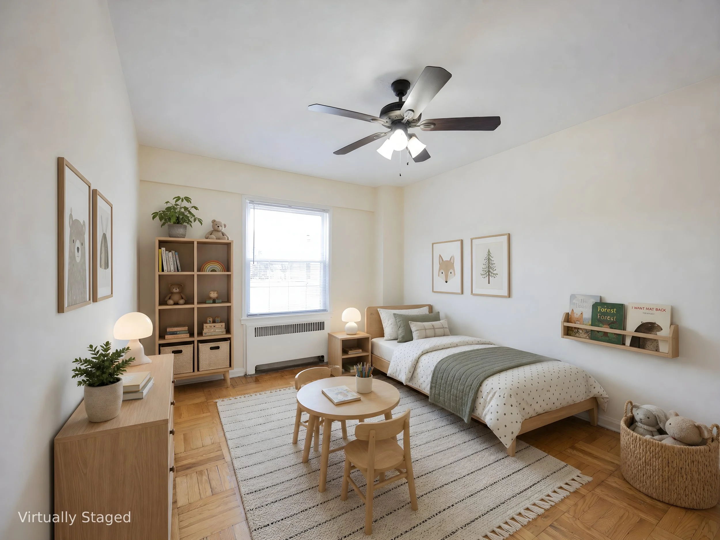 A cozy children's bedroom with a bed, bookshelf, and wall art of animals and trees. Natural light from a window illuminates the room, which has light-colored walls, wooden furniture, and a striped rug.