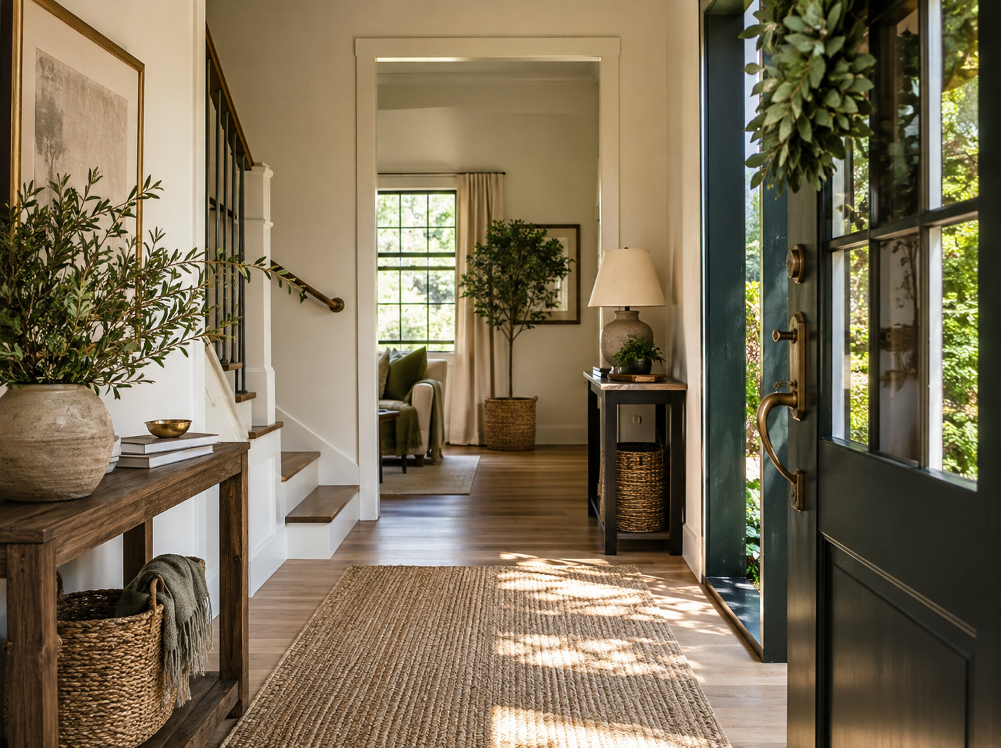 A cozy living room viewed from the front door, with a wooden console table, baskets, a large potted plant, a dark wooden side table with a lamp, and a seating area with a window and curtains in the background.