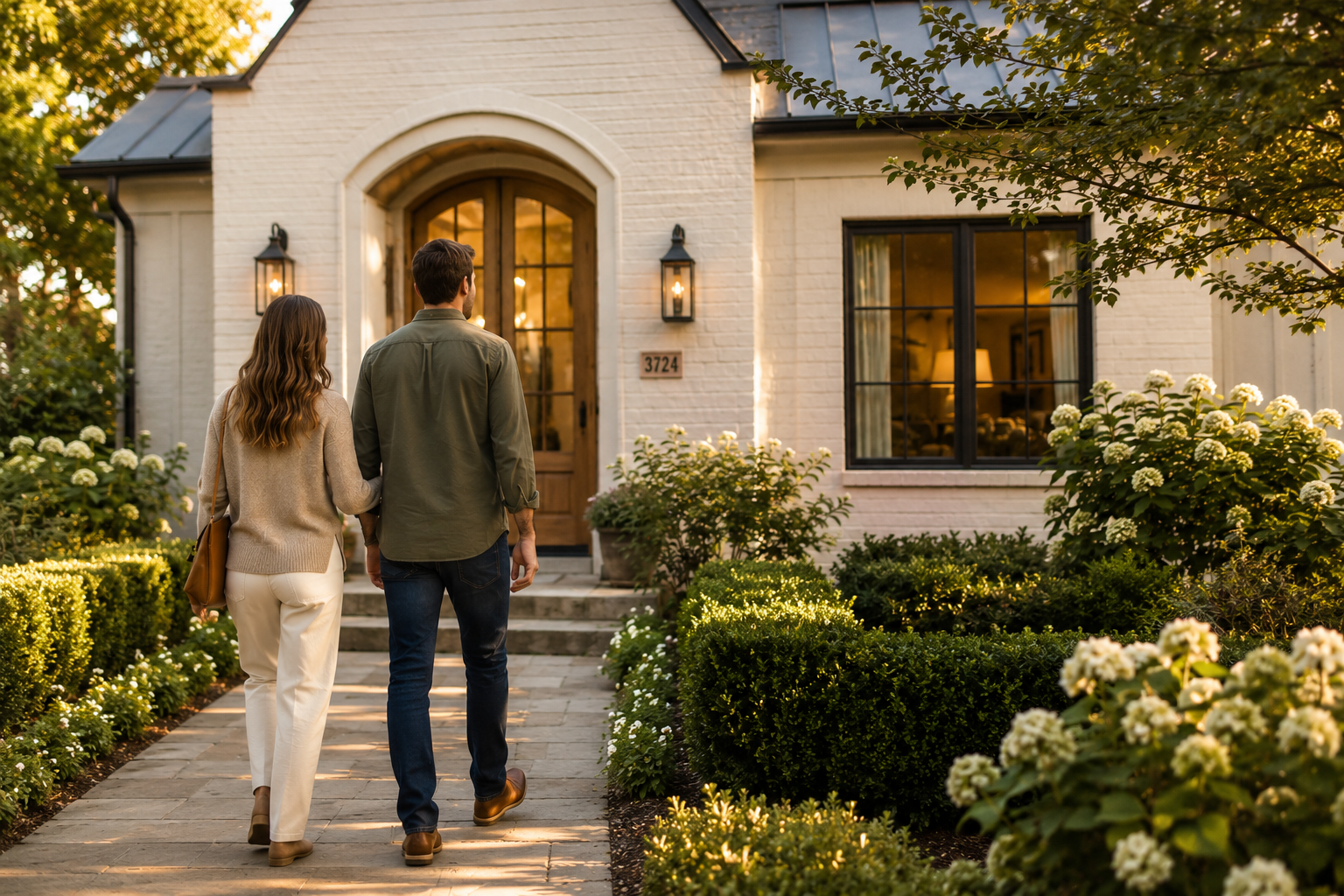 A couple is walking towards a white brick house with a wooden door and large windows, surrounded by a landscaped garden in the golden hour.