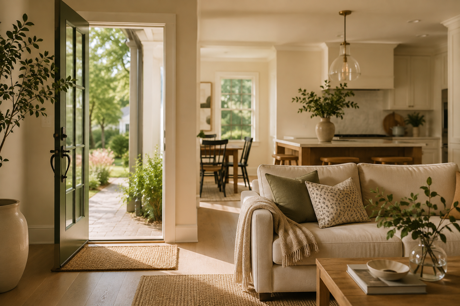 Bright, cozy living room with open door leading to a garden, cream sofa with pillows, wooden coffee table, potted plants, and a dining area with large window in the background.