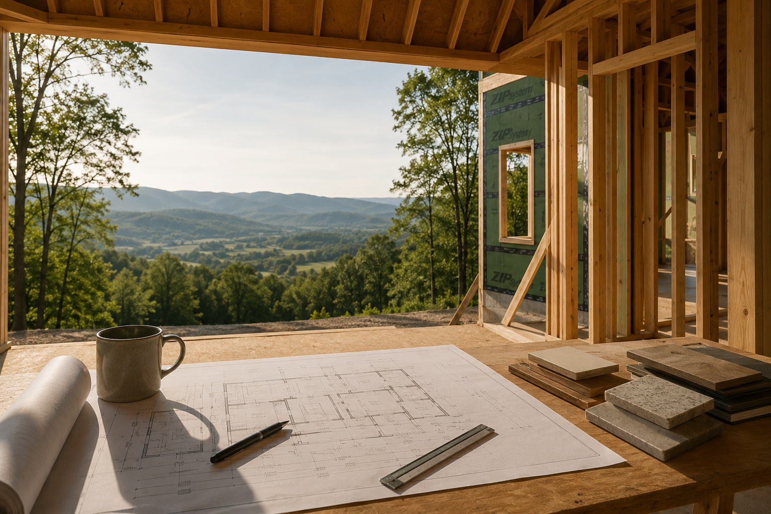 Construction site with wooden framing, view of mountains and trees outside, architectural blueprint, pen, mug, and sample materials on table.