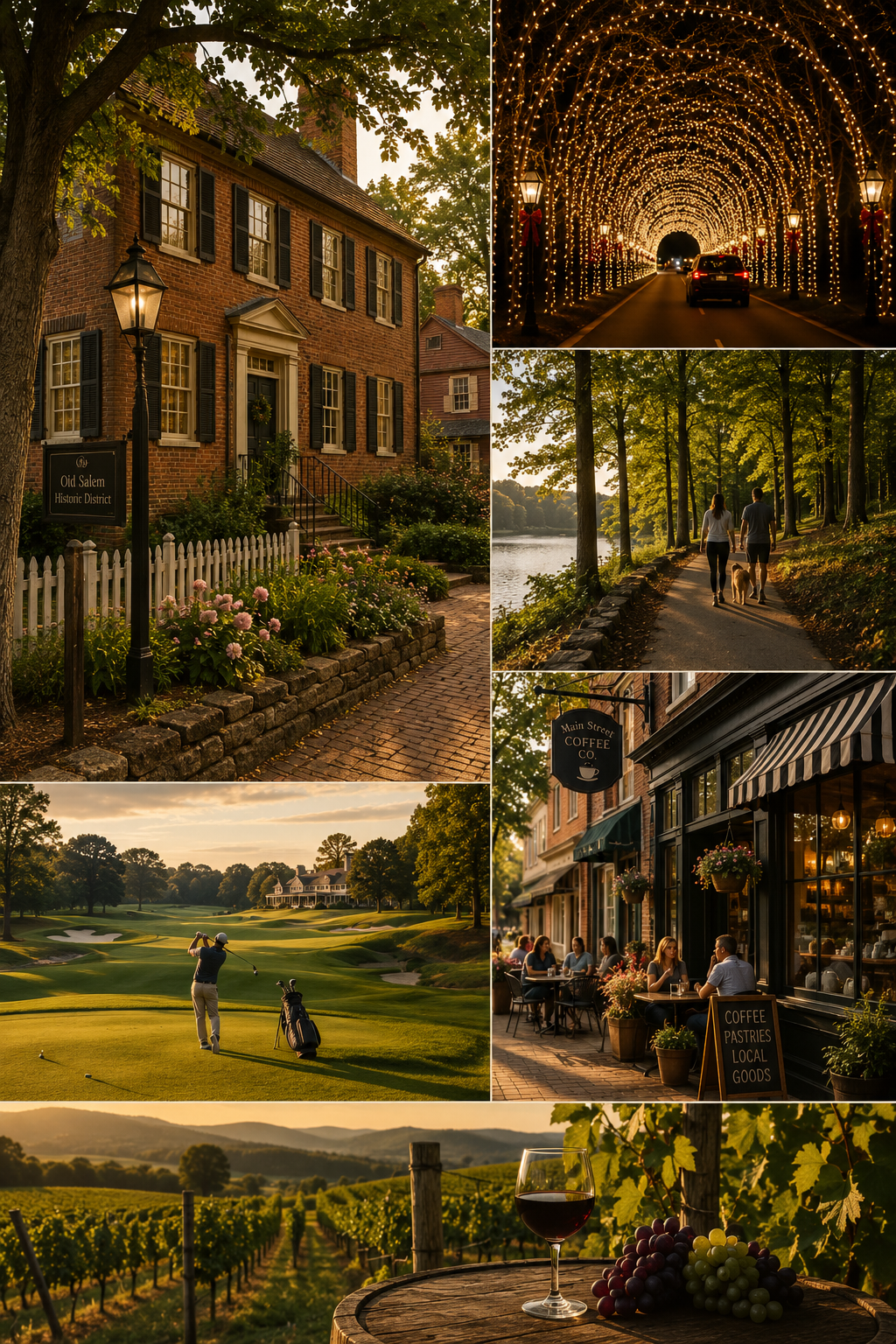 Collage of local scenes similar to Winston-Salem, Clemmons, Tanglewood Park.