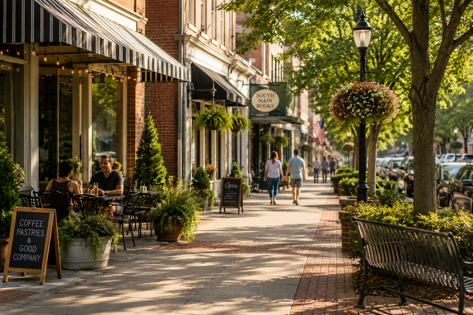 A lively city sidewalk with outdoor seating in front of cafes and shops, decorated with hanging flower baskets, potted plants, and inviting signs. People walk along the tree-lined street during golden hour.