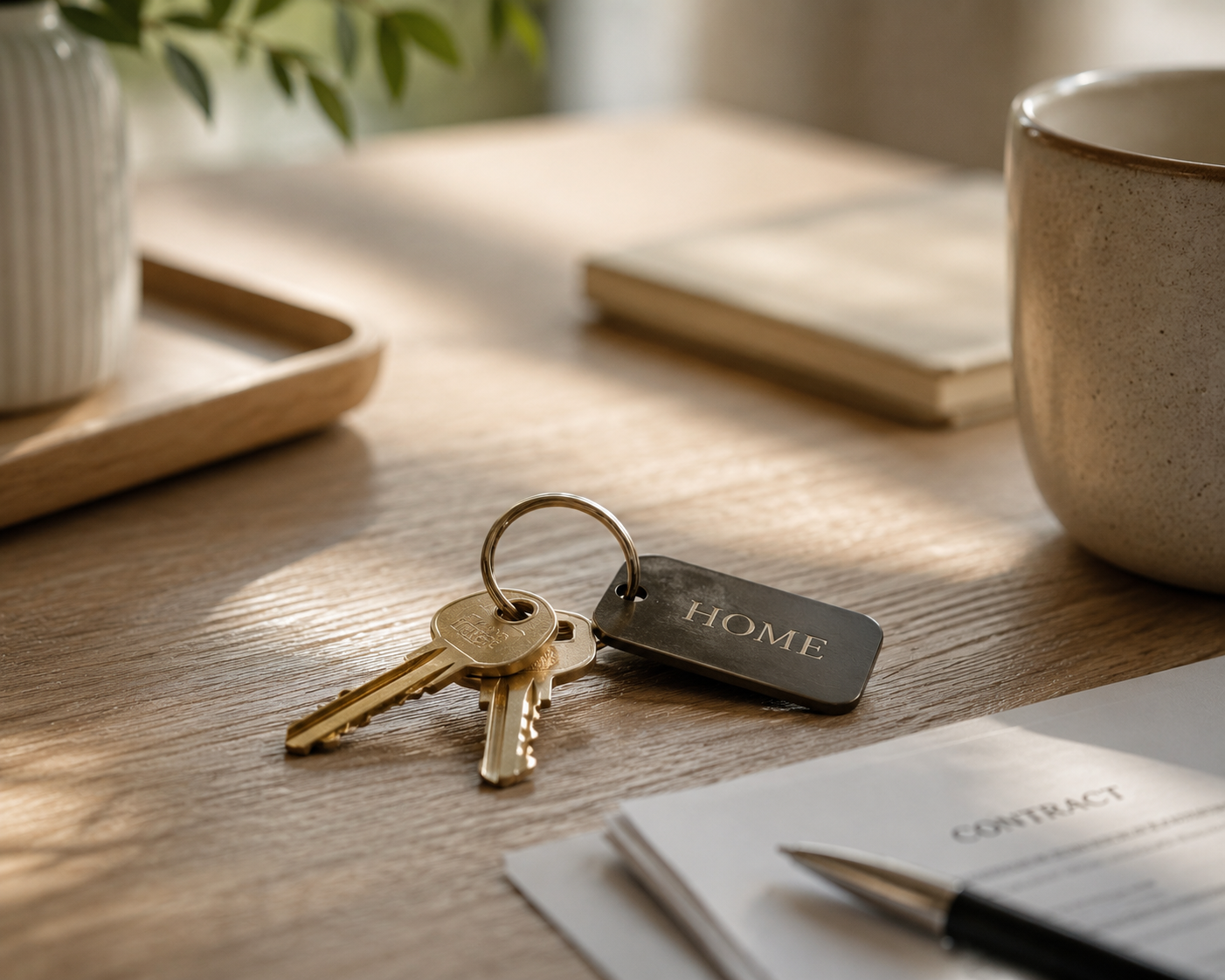A set of keys with a black keychain labeled 'HOME' resting on a wooden desk, alongside a pen, a contact sheet, a cup, a notebook, and a wooden tray with a plant in a mug.