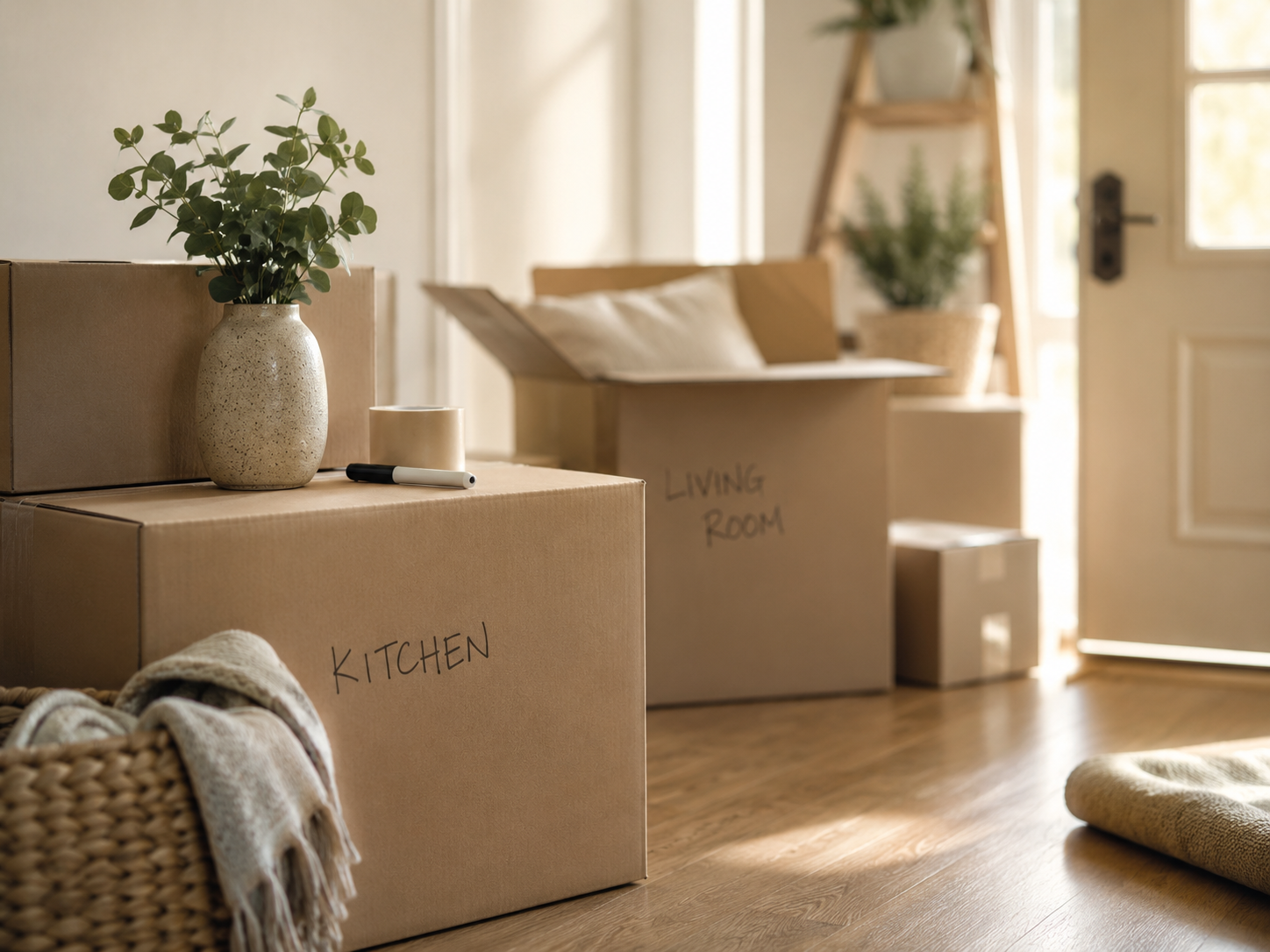 Living room with moving boxes labeled 'Kitchen' and 'Living Room', a potted plant on a box, a woven basket with a blanket, and a yarn ball with markers, near an entrance door.