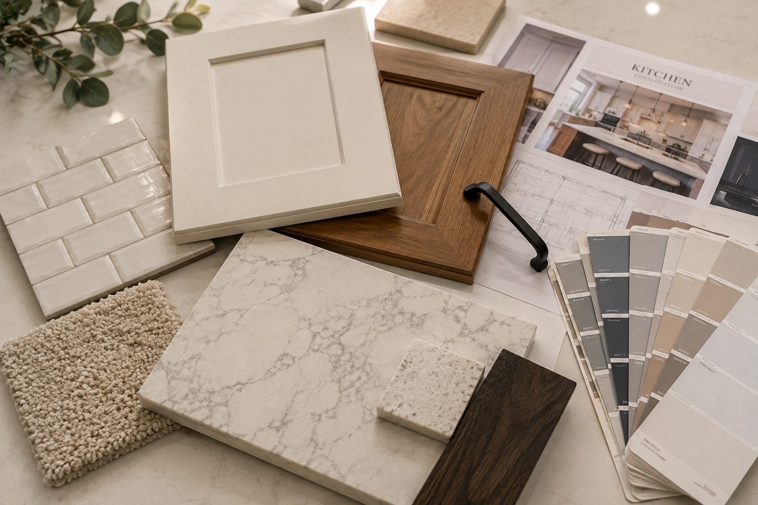 Material samples for interior design, including tiles, wood, and color swatches, with a kitchen image and architectural plans.